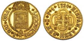 ISABEL II. 4 escudos 1724. Segovia F a nombre de Luis I. Fantasía del s. XIX. AU 21,67 g. SC.