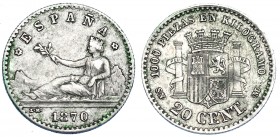 GOBIERNO PROVISIONAL. 20 céntimos. 1870*7-0. Madrid. SNM. VII-9. MBC. Rara.