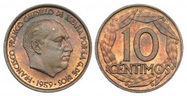 FRANCISCO FRANCO. 10 céntimos. 1959. Madrid. Prueba en cobre. R.B.O. SC. Muy rara.
