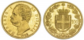 ITALIA. Humberto I. 100 liras. 1883. R. KM-22. Pequeñas marcas. B.O. EBC. Rara.