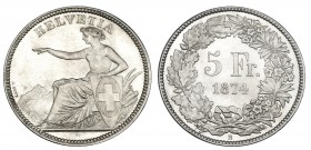 SUIZA. 5 francos. 1874 B. KM-11. B.O. SC. Rara en esta conservación.