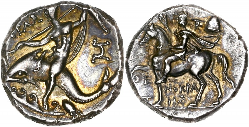 Calabria, Tarentum Ar Nomos - (240-228 BC)
A/ ΞΕΝΟΚΡΑΤΗC
R/ TAPAΣ
Reference: HGC...