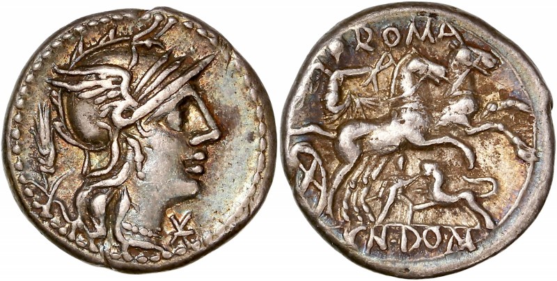 Cn. Domitius Ahenobarbus (128 BC) - Ar Denarius - Rome 
A/ M FOVRI L F
R/ ROMA /...
