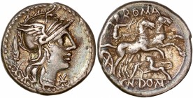 Cn. Domitius Ahenobarbus (128 BC) - Ar Denarius - Rome 
A/ M FOVRI L F
R/ ROMA / CN • DOM
Reference: Cr 261/1
Good very fine - iridescent toning 
3,90...
