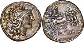 L. Sentius C.f (101 BC) - Ar Denarius - Rome 
A/ ARG PVB
R/ L SENTI CF
Reference: Cr 325/1a
Good extremely fine - beautiful toning 
3,87g - 21.06mm - ...