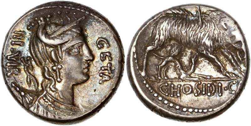 C. Hosidus C.f. Geta (67BC) Ar Denarius - Rome
A/ III VIR // GETA
R/ C HOSIDI C ...