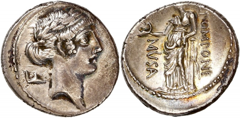 Q. Pomponius Musa (66BC) Ar Denarius - Rome 
A/ -
R/ Q POMPONI MVSA
Reference: C...