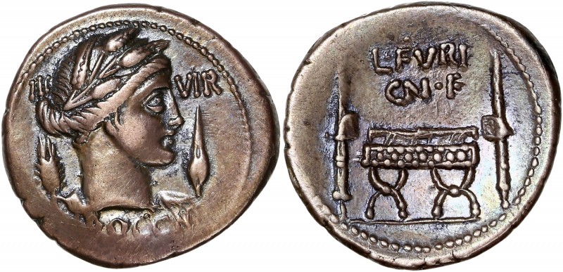 L. Furius Cn.f. Brocchus (63BC) Ar Denarius - Rome 
A/ III VIR // BROCCHI 
R/ L ...