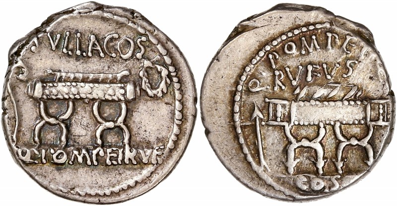 Q. Pompeius Q.n. Rufus (54BC) Ar Denarius - Rome
A/ Q POMPEI Q F RVFVS / COS
R/ ...