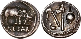 Julius Caesar (49BC-44BC) Ar Denarius - Military mint 
A/ Caesar 
R/
Reference: Cr 443/1
Near extremely fine - 
3,95g - 17.62mm - 10h.
