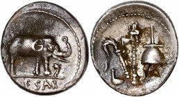 Julius Caesar (49BC-44BC) Ar Denarius - Military mint
A/ Caesar 
R/
Reference: Cr 443/1
Near extremely fine - 
3,92g - 18.47mm - 12h.