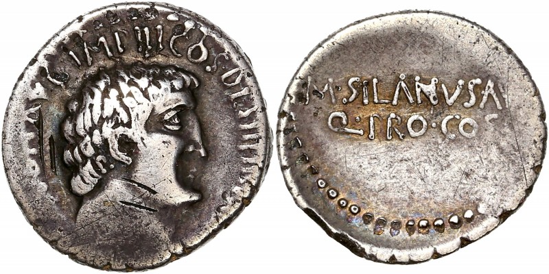 Mark Antony (43BC-31BC) Ar Denarius - Military Mint 
A/ ANTON AVG IMP III COS DE...
