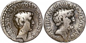 Mark Antony and Octavian (41BC) Ar Denarius - Ephesus
A/ M ANT IMP AVG III VIR R P C M BARBAT Q P
R/ CAESAR IMP PONT III VIR R P C
Reference: Cr 517/2...