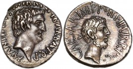 Mark Antony and Octavian(41BC) Ar Denarius - Ephesus
A/ M ANT IMP AVG III VIR R P C M BARBAT Q P
R/ CAESAR IMP PONT III VIR R P C
Reference: Cr 517...