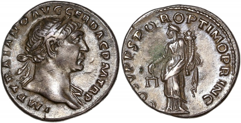 Trajan (98-117) Ar Denarius - Rome
A/ IMP TRAIANO AVG GER DAC P M TR P
R/ COS V ...