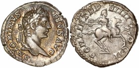 Caracalla (198-217) Ar Denarius
A/ ANTONINVS PIVS AVG
R/ PONTIF TR P VIIII COS II
reference: RIC 84
Very fine 
 3.13g - 19.01mm - 4h.
