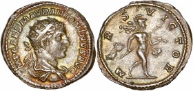 Elagabalus (218-222) Ar Antoninianus 
A/ IMP CAES M AVR ANTONINVS AVG
R/ MARS VICTOR
Reference: RIC 122 
Nice very fine - iridescent toning 
 5.07g - ...