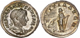 Gordian III (241-243) Ar Denarius 
A/ IMP GORDIANVS PIVS FEL AVG
R/ LAETITIA AVG N
Reference: RIC 113
Extremely fine 
 2.85g - 21.1mm - 12h.