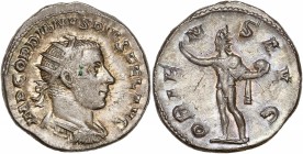 Gordian III (241-243) Ar Antoninianus - Antioch
A/ IMP GORDIANVS PIVS FEL AVG
R/ ORIENS AVG
Reference: RIC 213
Good very fine - blue toning 
 6.16g - ...