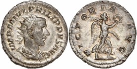 Philip I, 244-249 Ar Antoninianus Rome 
A/ IMP M IVL PHILIPPVS AVG
R/ VICTORIA VG 
Reference: RIC 49
Extremely fine - lustrous - golden toning 
4.03g ...