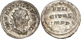 Philip I, 244-249 Ar Antoninianus Rome 
A/ IMP M IVL PHILIPPVS AVG
R/ FELI//CITAS//IMPP 
Reference: RIC 60
 Good very fine
3.96g - 22.4mm - 12h.