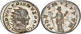 Valerian I 253-260 Ar Antoninianus - Milan
A/ IMP VALERIANVS P AVG
R/ FIDES MILITVM
Reference: RIC 241
Near Extremely fine - lustrous - golden toning ...