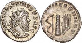 Postumus 260-268 Bi Antoninianus 
A/ IMP C POSTVMVS P F AVG
R/ P M TR P VIIII COS IIII P P
Reference: RIC 291
Extremely fine
3.38g - 18.85mm - 12h