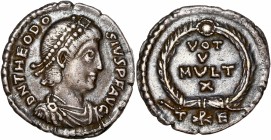 Theodosius (379-395) Ar Siliqua - Thessalonica 
A/ D N THEODOSIVS P F AVG
R/ VOT / V / MVLT / X / TPE
Reference: RIC IX - 
Good very fine - There isn'...