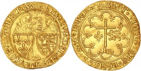Henri VI (1422-1453) - Av - Salut d'or
ND - Rouen 
A/ HENRICVS DEI GRA FRACORV AGLIE REX
R/ XPC VINCIT XPC REGNAT XPC IMPERAT
Référence: Dy.443a L.447...