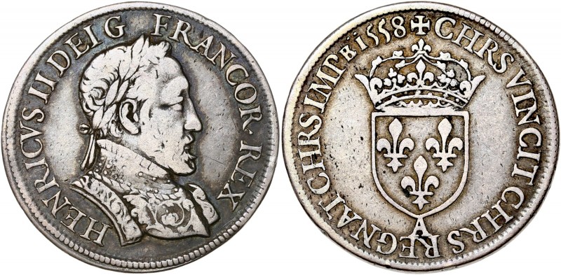 Henri II (1547-1559) - Ar - Teston au moulin 
1558 A - Paris 
A/ HENRICVS II DEI...