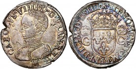 Charles IX (1560-1574) - Ar - Teston tête laurée
1564 M - Toulouse 
A/ CAROLVS VIIII D G FRAN REX 
R/ SIT NOMEN DOM BENEDIC MDLXIIII
Référence: Dy.106...