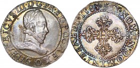 Henri III (1574-1589) - Ar - Franc au col plat
1583 G - Poitiers 
A/ HENRICVS III D G FR ET POL REX 
R/ SIT NOMEN DOMINI BENEDI 1583
Référence: Dy.113...