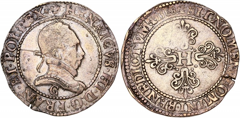 Henri III (1574-1589) - Ar - Demi-franc au col plat
1588 C - Saint-Lô 
A/ HENRIC...