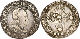 Henri III (1574-1589) - Ar - Demi-franc au col plat
1589 Q - Narbonne 
A/ HENRICVS III D G FRAN ET POL REX
R/ SIT NOMEN DOMINI BENEDICTVM 1589
Référen...