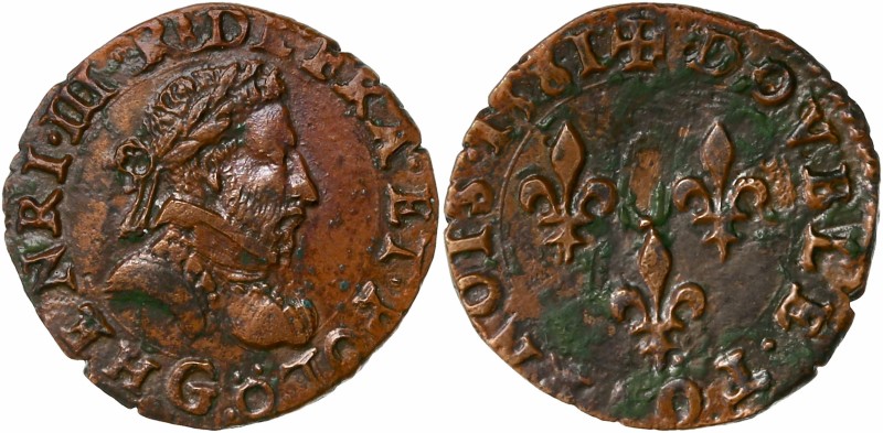 Henri III (1574-1589) - Cuivre - Double tournois
1581 G - Poitiers
A/ HENRI III ...