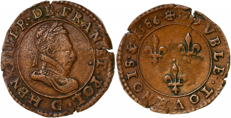 Henri III (1574-1589) - Cuivre - Double tournois
1586 C - Saint-Lô
A/ HENRI III ...