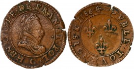 Henri III (1574-1589) - Cuivre - Double tournois
1586 C - Saint-Lô
A/ HENRI III R DE FRAN ET POL C
R/ DOVBLE TOVRNOIS 1586
Référence: Dy.1152 SB.4096
...