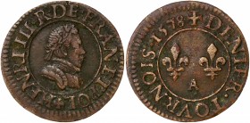 Henri III (1574-1589) - Cuivre - Denier tournois
1578 A - Paris
A/ HENRI III R DE FRAN ET POL 
R/ DENIER TOVRNOIS 1578
Référence: Dy.1152 SB.4096
1,61...