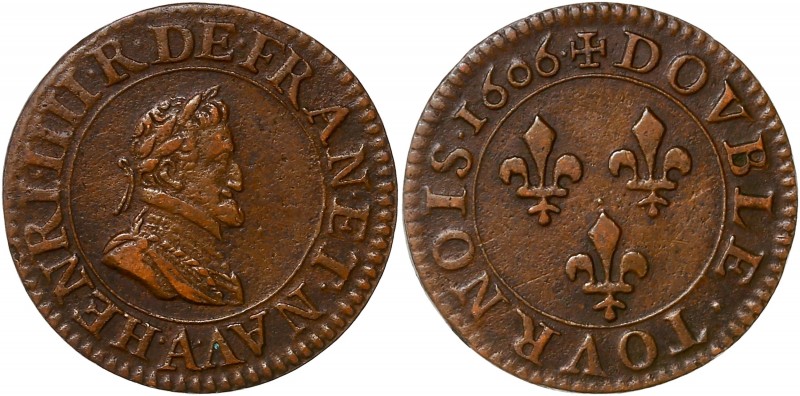 Henri IV (1589-1610) - Cuivre - Double tournois
1606 A - Paris
A/ HENRI IIII R D...