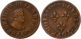 Henri IV (1589-1610) - Cuivre - Double tournois
1606 A - Paris
A/ HENRI IIII R DE FRAN ET NAV A 
R/ DOVBLE TOVRNOIS 1606
Référence: Dy.1273 SB.4184
3,...