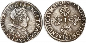 Louis XIII (1610-1643) - Ar - Demi-Franc buste lauré au petit col rabattu 
1627 M - Toulouse
A/ LVDOVIC XIII D G FRANC ET NAVA REX M
R/ SIT NOMEN DOMI...