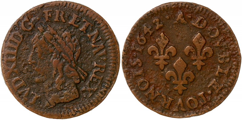 Louis XIII (1610-1643) - Cuivre - Double tournois
1642 A - Paris
A/ LVD XIII D G...