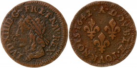 Louis XIII (1610-1643) - Cuivre - Double tournois
1642 A - Paris
A/ LVD XIII D G FR ET NAV REX
R/ DOVBLE TOVRNOIS 1642 A
Référence: Gad.12 
5,01g - 20...