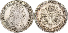 Louis XIV (1643-1715) - Ar - Ecu de Béarn aux 3 couronnes
1709 - Pau
A/ LVD XIIII D G FR ET NAR RE BD
R/ SIT NOMEN DOMINI BENEDICTVM 1709
Référence: G...