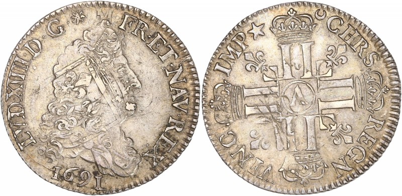 Louis XIV (1643-1715) - Ar - Quart d'écu aux 8L
1691 A - Paris 
A/ LVD XIII D G ...