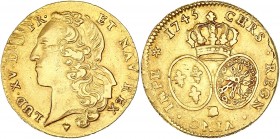 Louis XV (1715-1774) - Av - Double louis d'or au bandeau 
1745 BB - Strasbourg 
A/ LUD XV D G FR ET NAV REX 
R/ CHRS REGN VINC IMPE
Référence : Gad.34...