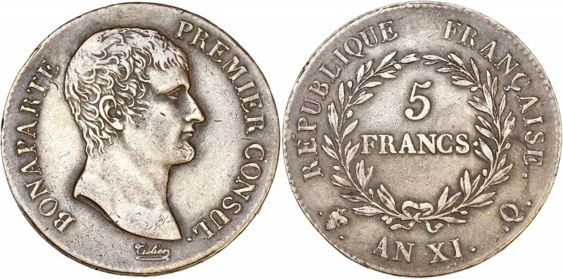 Consulat (1799 - 1804) 5 Francs, Premier Consul
AN XI Q (Perpignan) - Argent
A/ ...