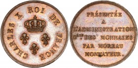 Charles X (1824 - 1830) Module de 2 francs, Essai de Moreau,
1824 - Bronze 
A/ CHARLES X ROI DE FRANCE
R/ PRESENTEE A L'ADMINISTRATION Gale DES MONNAI...