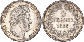 Louis Philippe I (1830 - 1848) 5 Francs,
1835 H (La Rochelle) - Argent 
A/ LOUIS PHILIPPE I ROI DES FRANÇAIS
R/ 5 FRANCS 1835 H
Reference: G.678 - F.3...