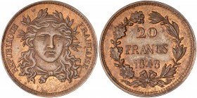 IIeme République (1848 - 1852) Essai piéfort concours de 20 Francs Gayrard,
1848 - Cuivre 
A/ RÉPUBLIQUE FRANCAISE
R/ 20 FRANCS 1848
Reference: Maz 12...